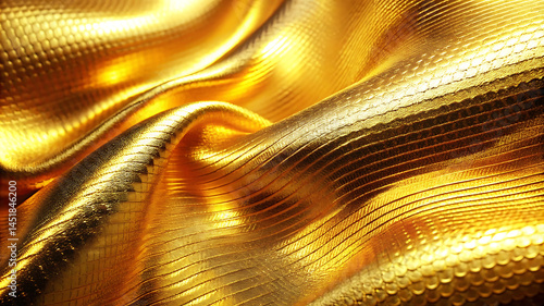 Golden Glowing on Textured Metallic Glossy Brass Wave Design with Glitter Background.