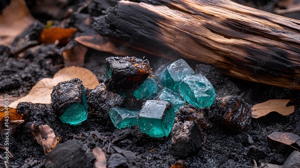 Fototapeta premium Mystic Teal Crystals Amidst Burnt Wood Ashes