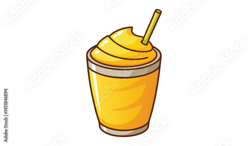 The image can be named: A cup of mixed beverages with mustard, ketchup, honey, lemon, and fruit served in a plastic container with a straw