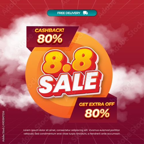 8.8 August Sale discount deals Simple deep Red gradient Editable text effect With pop up style cloudy Promotion Marketing banner template