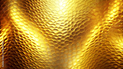 Golden Glowing on Textured Metallic Glossy Brass Wave Design with Glitter Background.