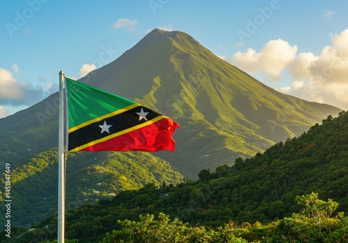 Waving St Kitts and Nevis Flag Symbolizing Caribbean Vibrancy Below the Lush Slopes of Mount Liamuiga