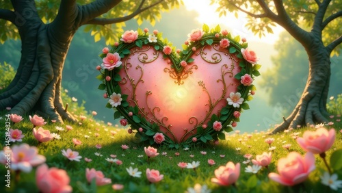 A whimsical heart shaped object adorned with pink blossoms and ornate gold detailing rests gently in a sunlit meadow amongst delicate flowers and majestic trees.