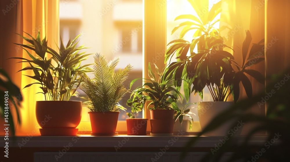 89. Apartment window ledge with potted plants in full mixed lighting 89. Apartment window ledge with potted plants in full mixed lighting