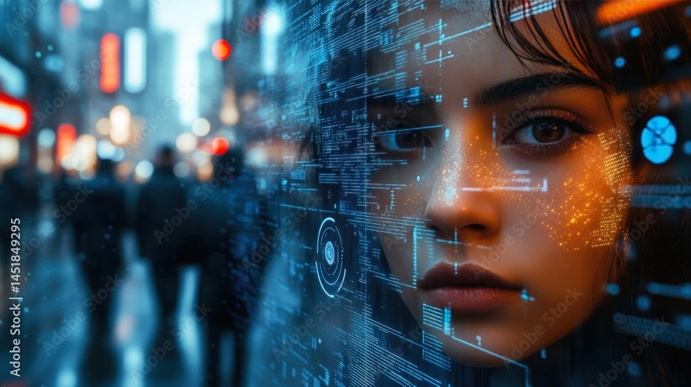 Futuristic woman with digital overlay. City background Futuristic woman with digital overlay. City background