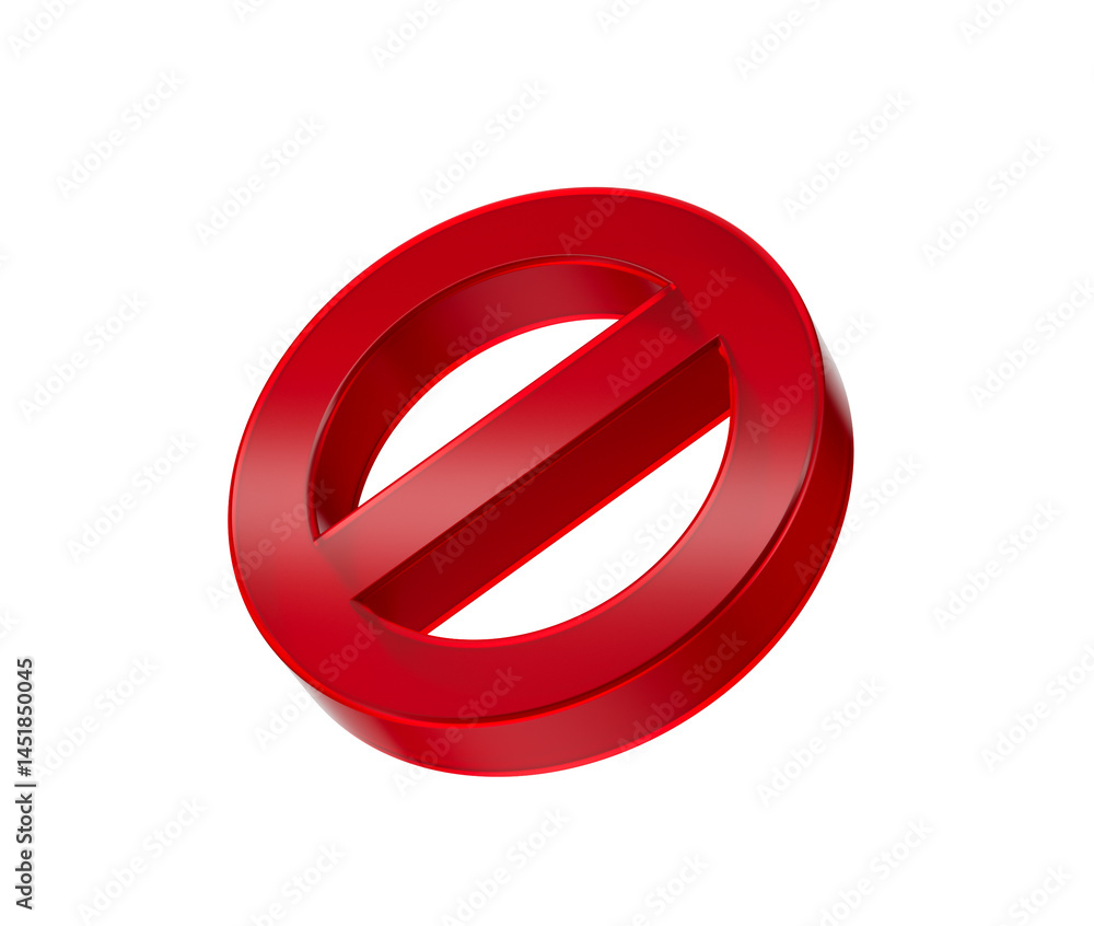 A bold red prohibition icon with a diagonal bar, symbolizing restriction or denial. 3d illustration A bold red prohibition icon with a diagonal bar, symbolizing restriction or denial. 3d illustration