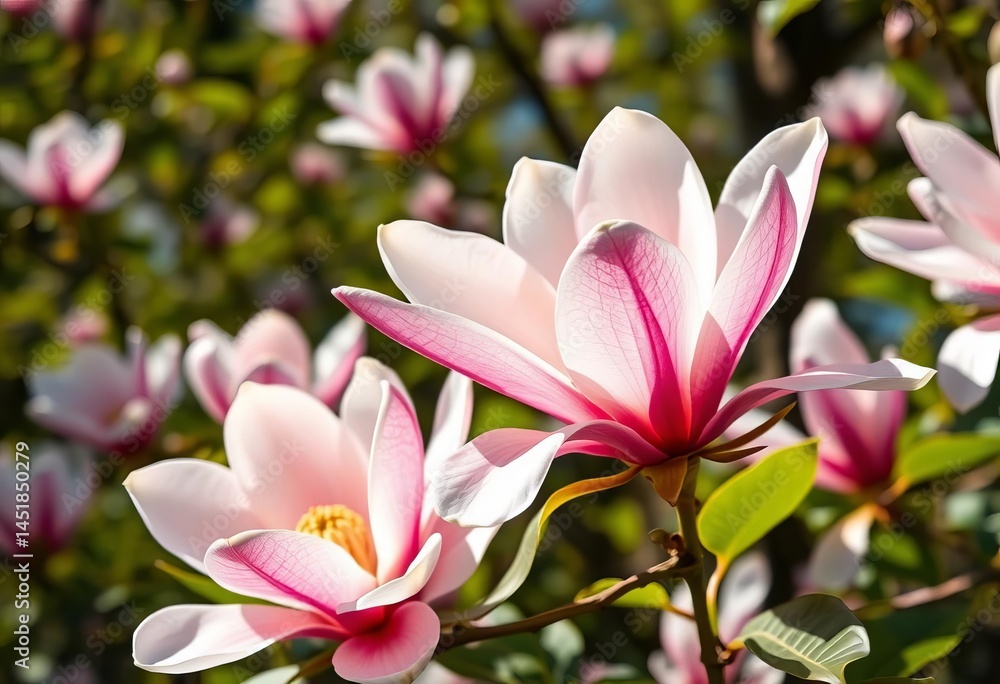 Fototapeta premium Royal Star Magnolia blooms, Riga Botanical Garden, Latvia Spring sunlight, sweet fragrance, springtime blooms, blooming
