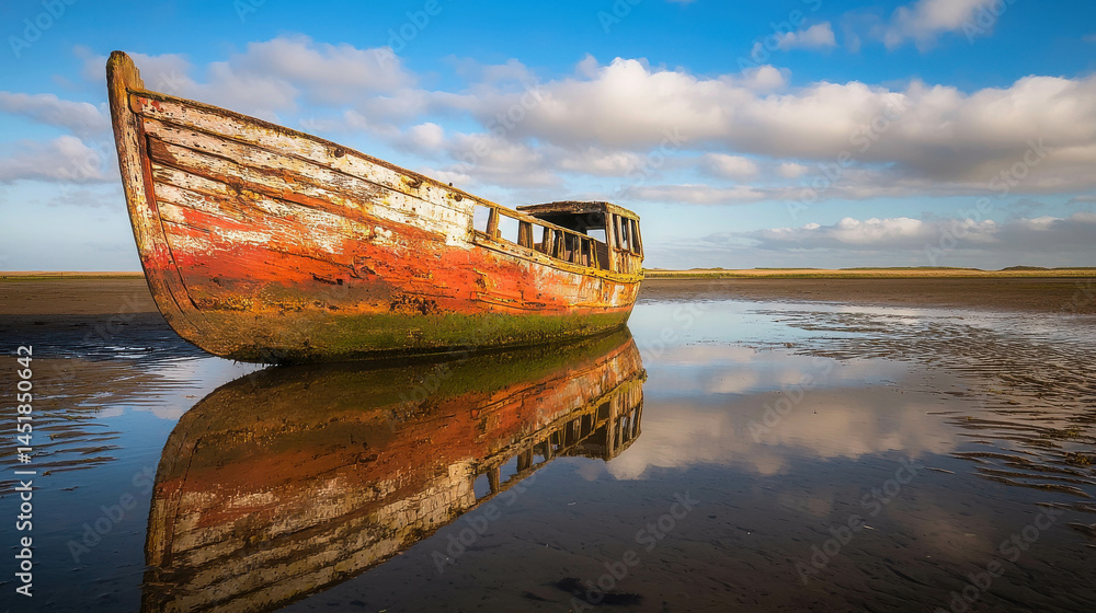 Abandoned Wooden Boat on Shore with Reflection Under Dramatic Blue Sky and Clouds Abandoned Wooden Boat on Shore with Reflection Under Dramatic Blue Sky and Clouds