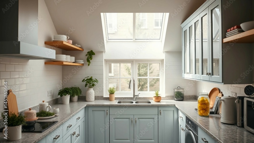 Fototapeta premium Sunny and inviting kitchen with pastel blue cabinets, spacious countertops, and a skylight. This interior design features fresh plants, bright colors, and an airy aesthetic reflecting a modern lifesty