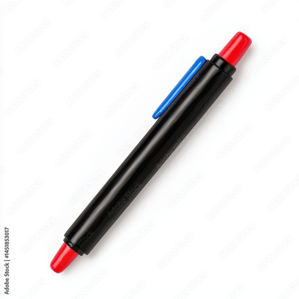 Black Marker with Red and Blue Caps on a White Background Black Marker with Red and Blue Caps on a White Background