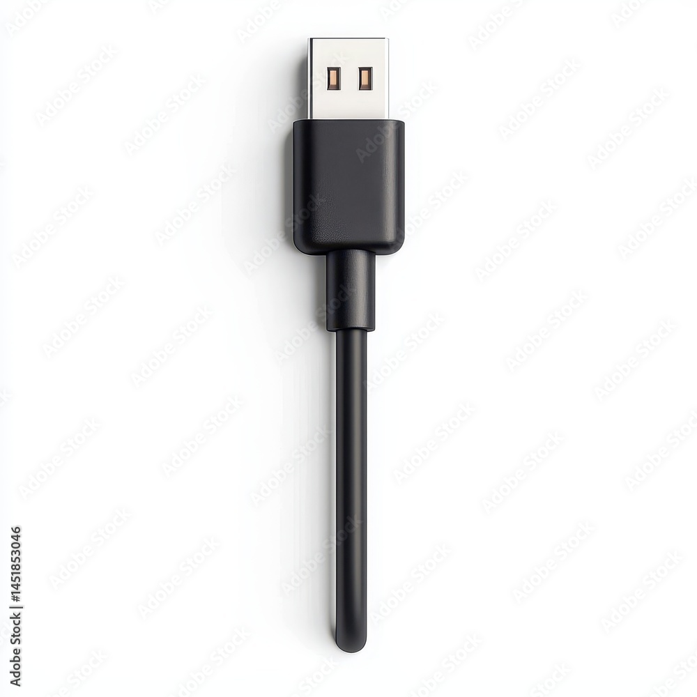 Black USB Charging Cable with Connector on White Background Black USB Charging Cable with Connector on White Background