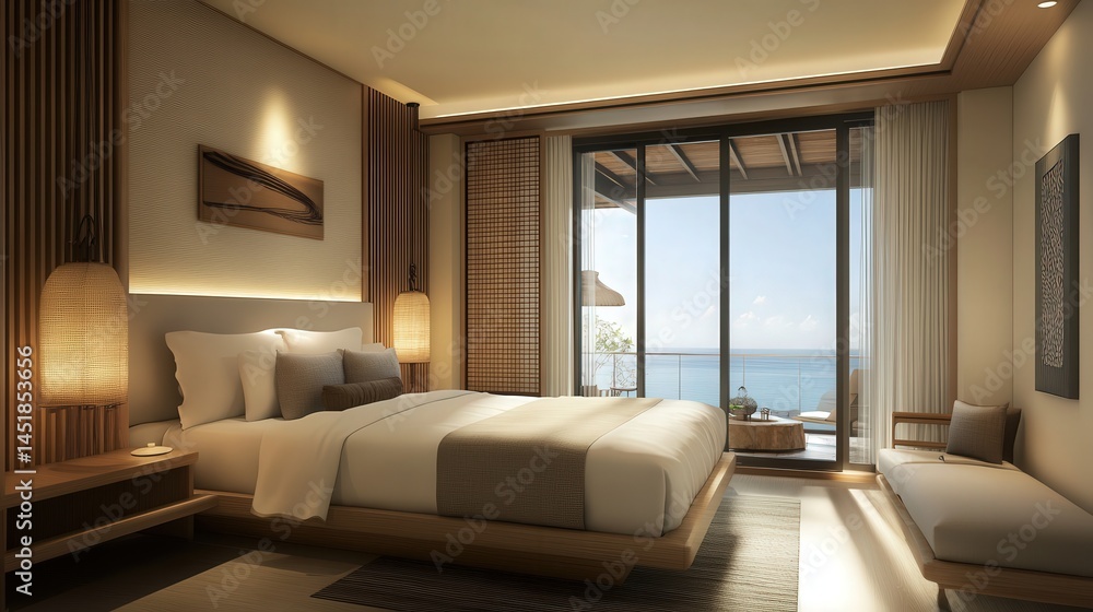 Modern seaside hotel rooms exude luxury and peace, with minimalist decor and large glass doors opening to stunning sea panoramas. Modern seaside hotel rooms exude luxury and peace, with minimalist decor and large glass doors opening to stunning sea panoramas.