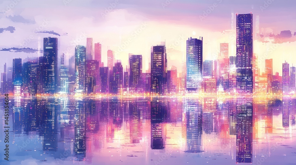 Fototapeta premium Vibrant city skyline reflected in water, pastel colors