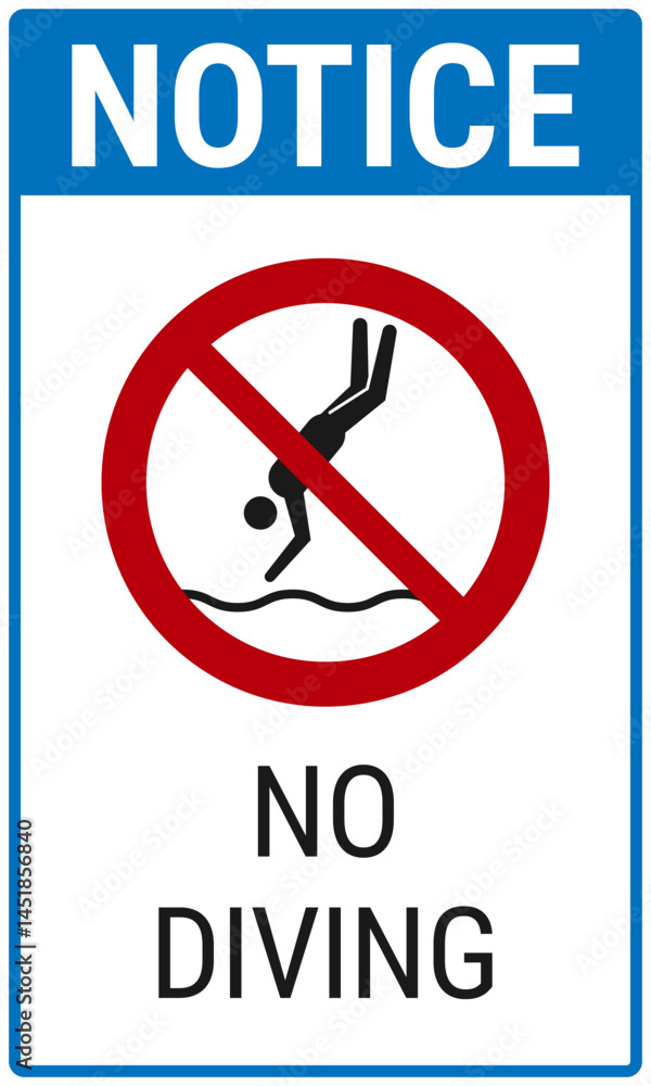 No diving safety notice sign. Vector prohibiton sign with a black silhouette diving into water, crossed out by a red prohibition circle