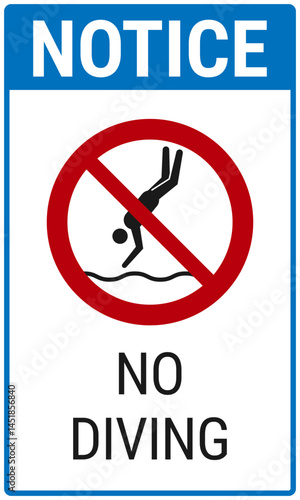Obraz na płótnie No diving safety notice sign. Vector prohibiton sign with a black silhouette diving into water, crossed out by a red prohibition circle w salonie