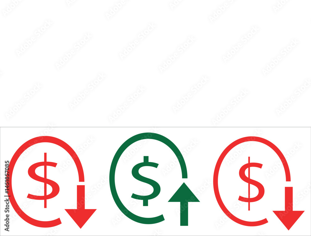 Dollar ratedecrease vector icon set. Rise cost vector illustration. Dollar ratedecrease vector icon set. Rise cost vector illustration.