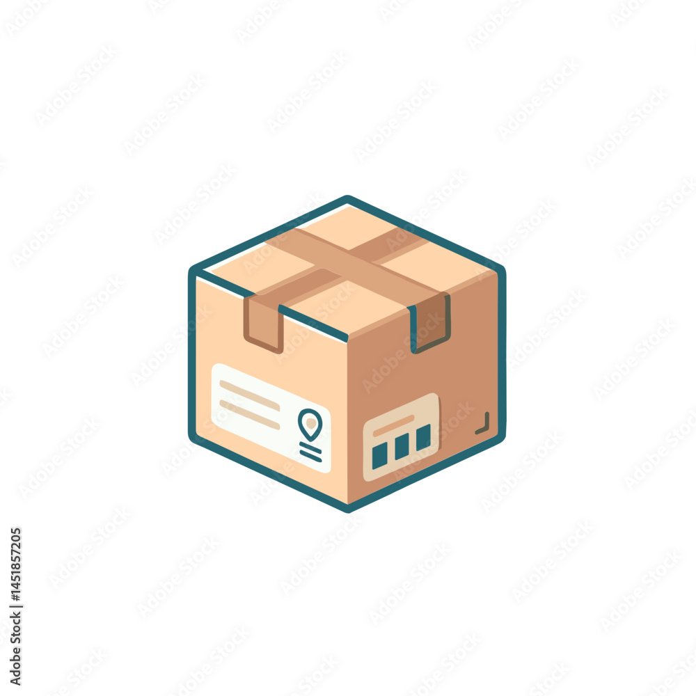 Obraz premium Vector illustration of a cardboard shipping box with label and tape in a modern style