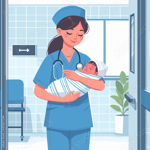 nurse smiling holding newborn baby in hospital corridor with light background