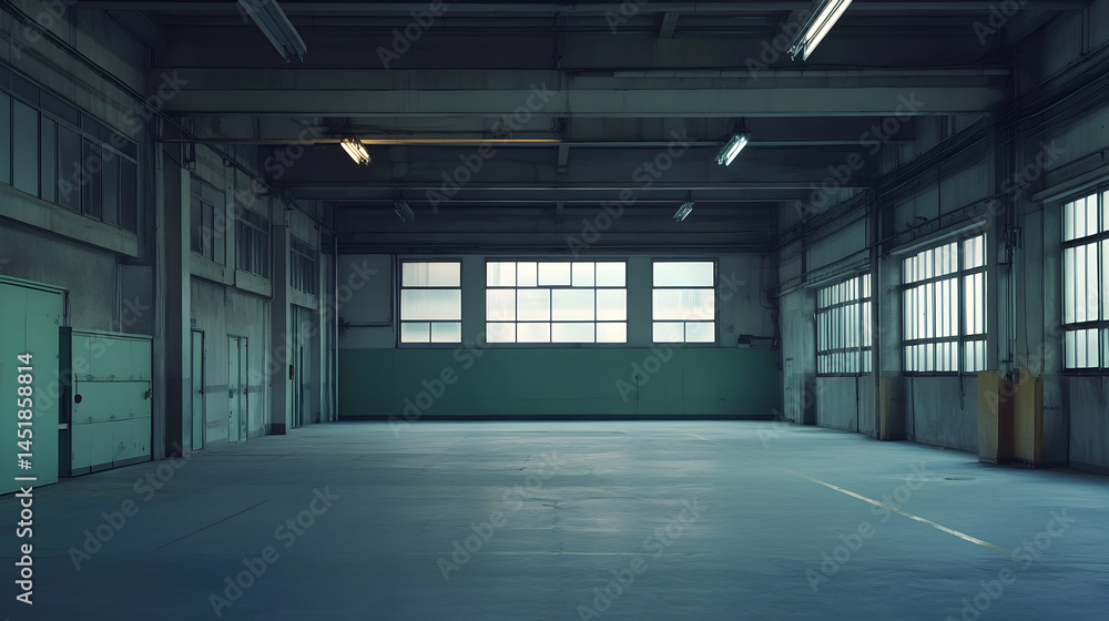 Empty industrial warehouse interior with large windows and concrete floor. Empty industrial warehouse interior with large windows and concrete floor.