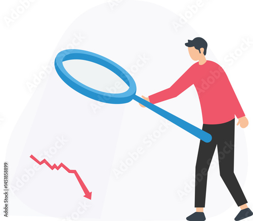 A businessman examining a falling sales chart with a magnifying glass, closely scrutinizing the data to understand the reasons behind the decline. The magnifying glass highlights specific sections of 