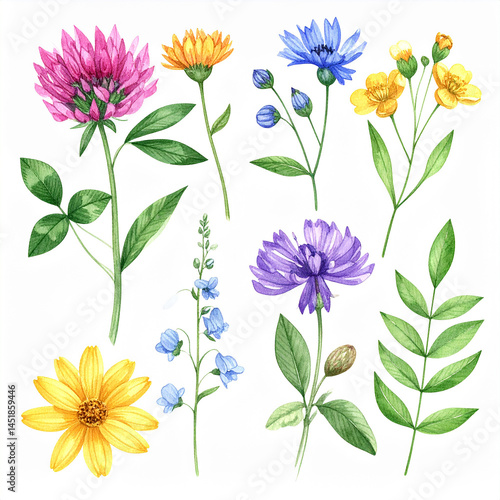 Wallpaper Mural Watercolor painting of wildflowers and leaves. Set isolated on white. Beautiful flowers. Torontodigital.ca