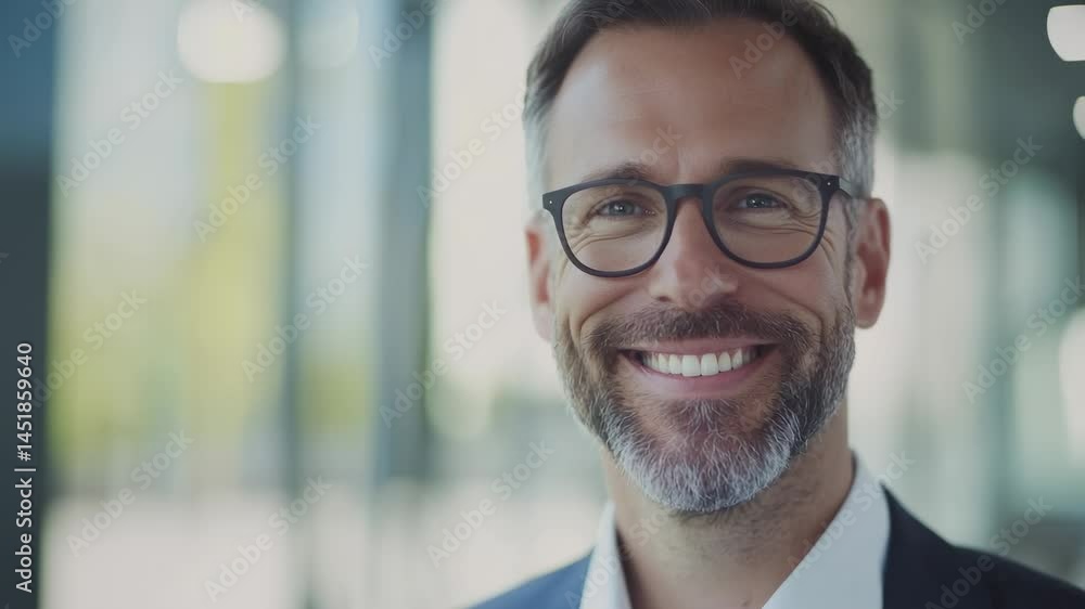 Professional man with glasses smiles confidently in modern outdoor urban setting near glass architecture during daytime Professional man with glasses smiles confidently in modern outdoor urban setting near glass architecture during daytime