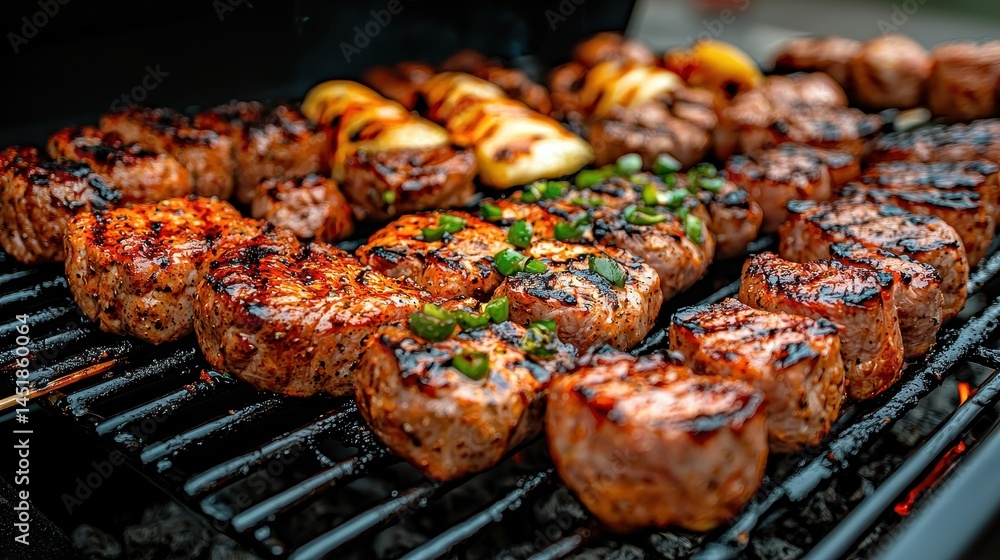 Grilled Meat and Vegetables on Barbecue with Flames and Smoke Grilled Meat and Vegetables on Barbecue with Flames and Smoke