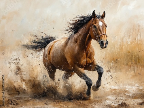Majestic Brown Horse Galloping in the Dust, Oil Painting Style: A Dynamic Portrayal of Power and Freedom, showcasing Movement, Grace, and Rustic Charm.
