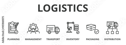 Logistics banner icon vector illustration concept of planning, management, transport, inventory, packaging, and distribution