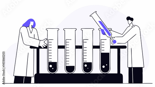 Scientists conducting experiment with test tubes and liquid in a laboratory setup