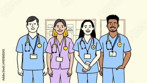 A group of four healthcare workers standing together in a hospital setting smiling