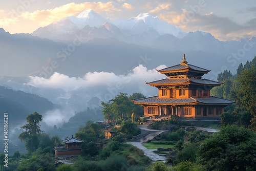 Picturesque bhutanese temple with majestic himalayan mountains in the background at sunrise