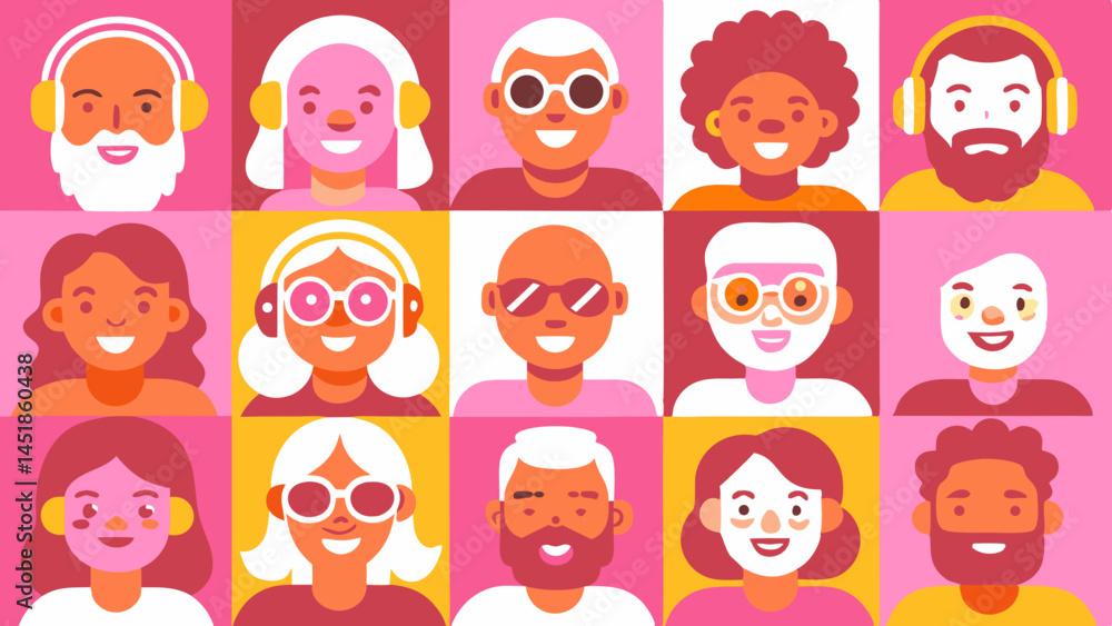 Collection of diverse cartoon faces with various accessories and expressions Collection of diverse cartoon faces with various accessories and expressions