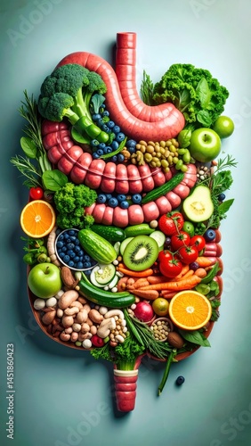 A colorful arrangement of fruits, vegetables, and nuts forms the shape of a human digestive system on a light background.