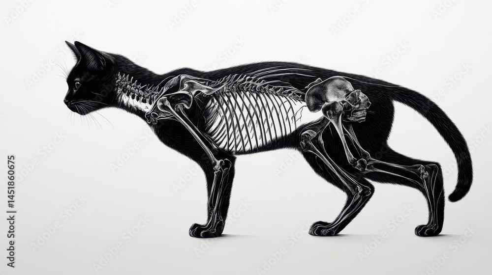 Fototapeta premium An illustration of a black cat with a striking skeletal design visible throughout its body.