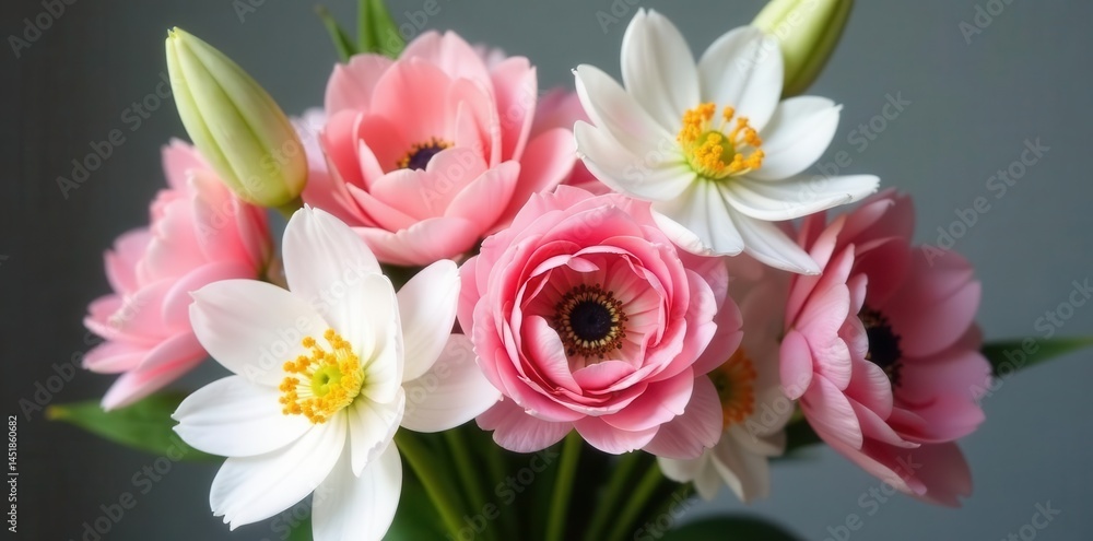 Obraz premium Pastel-toned ranunculus, anemones, and lilies in a spring bouquet, floral, bouquet