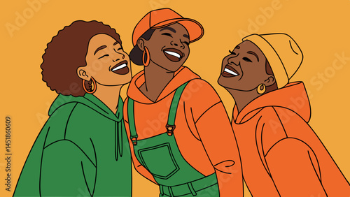 Three young women laughing together wearing hoodies and bright colored clothing