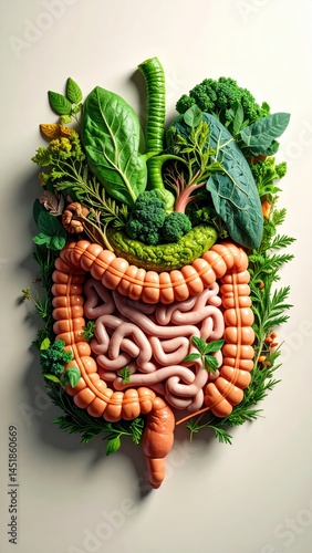 A creative illustration of the human digestive system made from leafy vegetables and herbs, symbolizing gut health and nutrition.