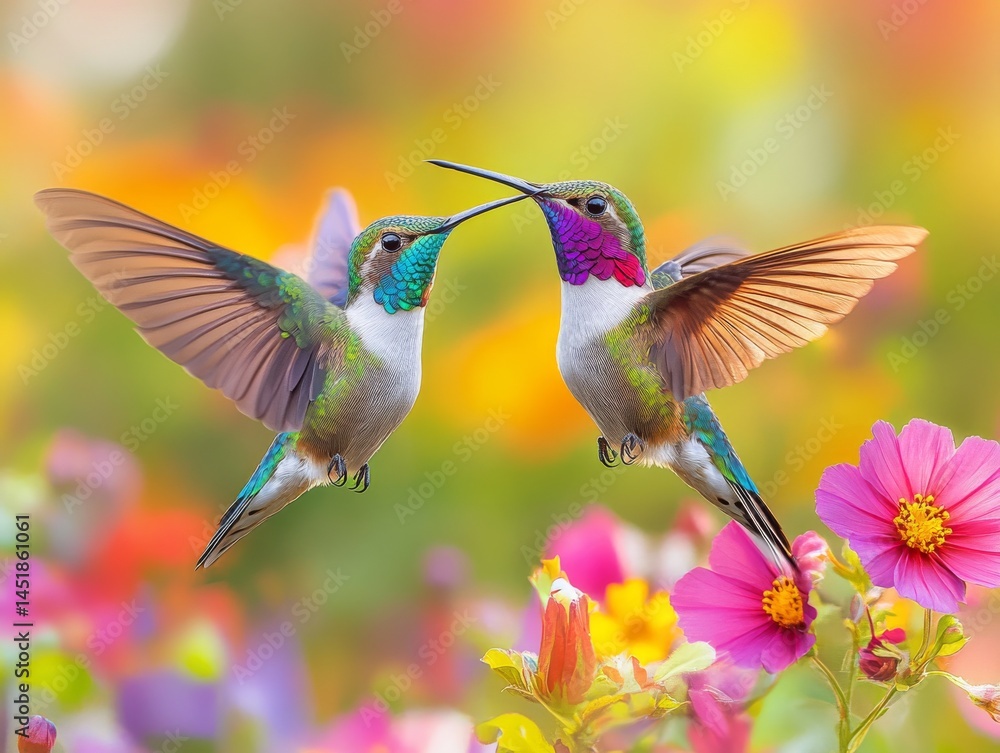 Naklejka premium Two Hummingbirds in a Floral Dance: A Symphony of Colors and Motion Amidst Blooming Flowers, Showcasing Nature's Intricate Beauty and the Joyful Interaction of Wildlife