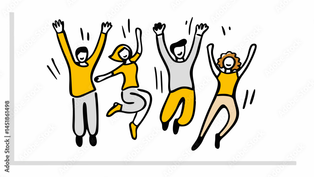Four people jumping with joy and excitement in a hand drawn style illustration Four people jumping with joy and excitement in a hand drawn style illustration