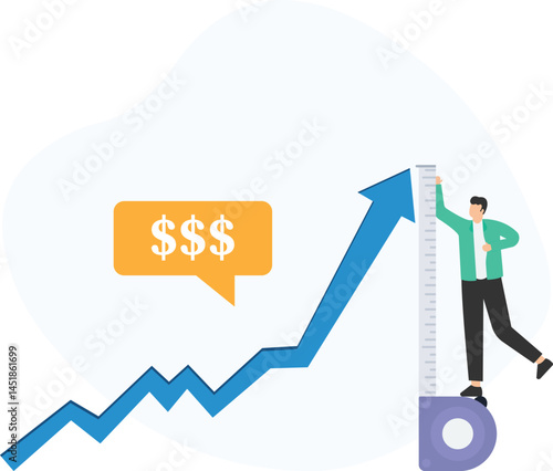 Businessman measuring financial growth or revenue increase, tracking performance with upward arrow or rising trend line, focusing on profit margin or business expansion, analyzing results or key indic