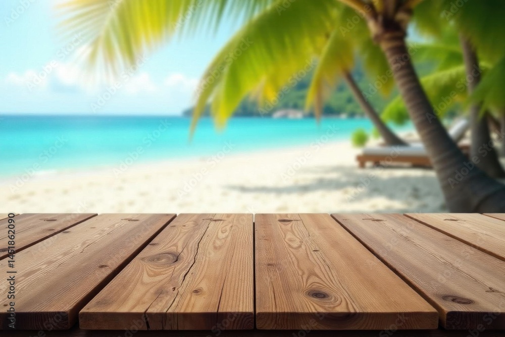 Fototapeta premium Rustic long wooden table, blurred beach background, summertime, long, stock
