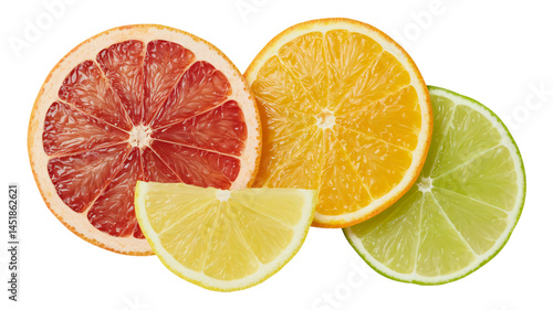 Fresh and juicy citrus slices of lemon, lime, grapefruit, and orange, bursting with vitamin C