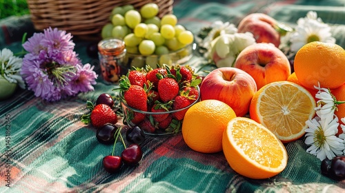 Colorful Spring Picnic Setup with Fresh Fruits on Green Blanket