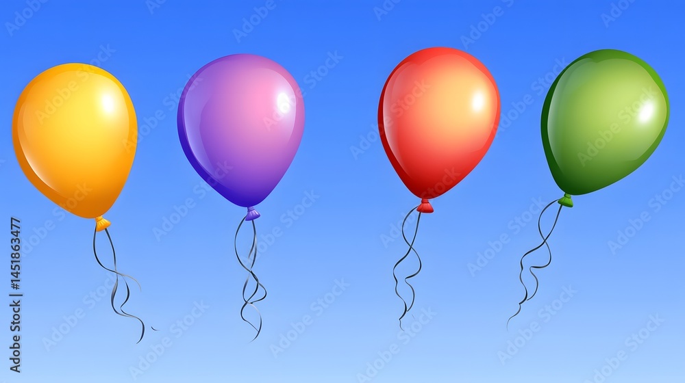 Four Colorful Balloons Floating in Blue Sky Four Colorful Balloons Floating in Blue Sky