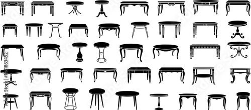 Furniture Table Silhouette Vector Set – Collection of Vintage, Classic, Round and Square Tables for Interior Design, Furniture Mockups, Decoration Projects, Illustrations and Architecture Plans