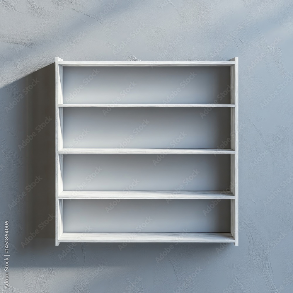 Empty white wall-mounted bookshelf with four shelves Empty white wall-mounted bookshelf with four shelves
