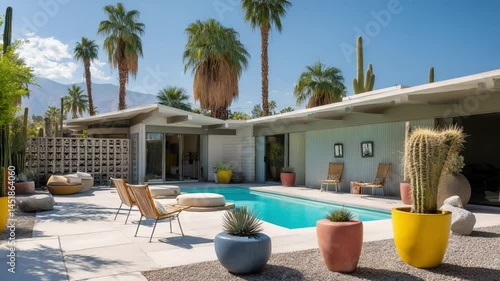 Modern desert oasis featuring a serene pool surrounded by palm trees and cacti