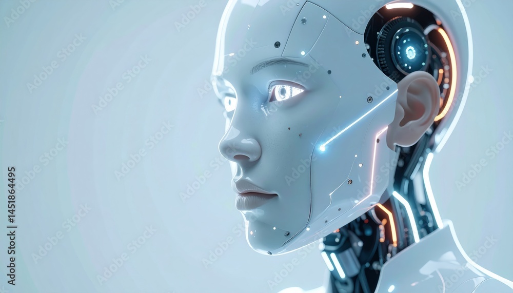 Naklejka premium Futuristic Android Portrait: A sleek, highly detailed android gazes thoughtfully into the distance, showcasing advanced technology with futuristic aesthetic.