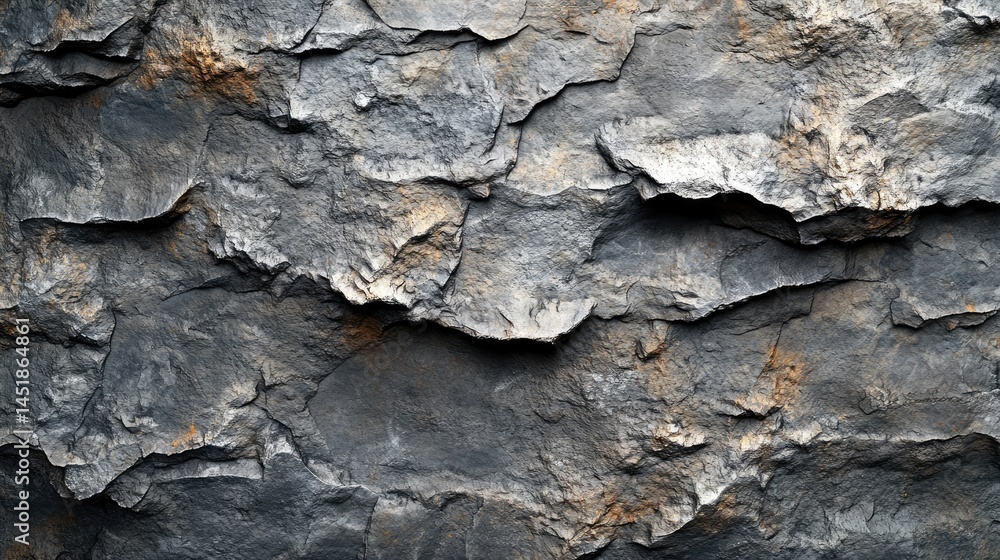 Close-up view of rough, layered gray rock face. Close-up view of rough, layered gray rock face.